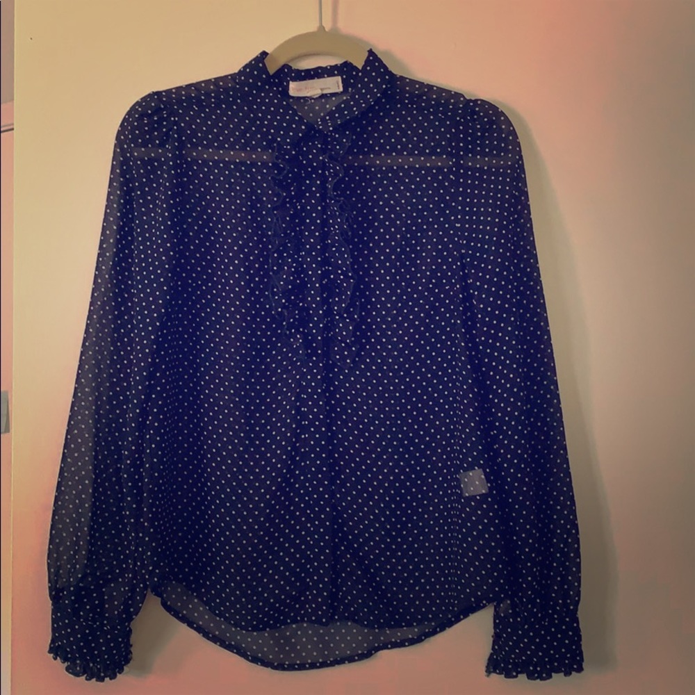 Sheer ruffle neck long sleeve polkadot blouse